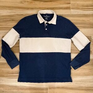 American Eagle Mens Rugby Polo Shirt Navy Blue White Colorblock Long Sleeve M